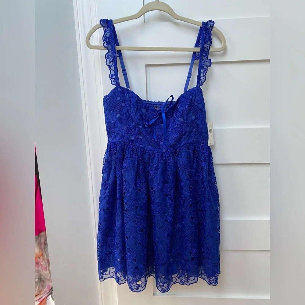 Anthropologie Sleeveless Sweetheart Lace Mini Royal Blue lace corset mini Dress - Picture 8 of 10